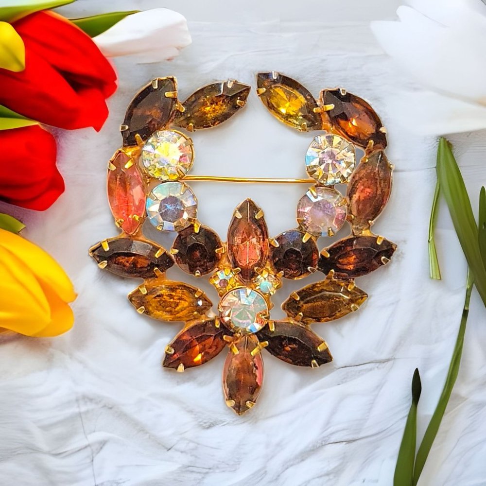 Kramer Roman Wreath Brooch, Gorgeous Gold & Brown Rhinestones, AB Crystals